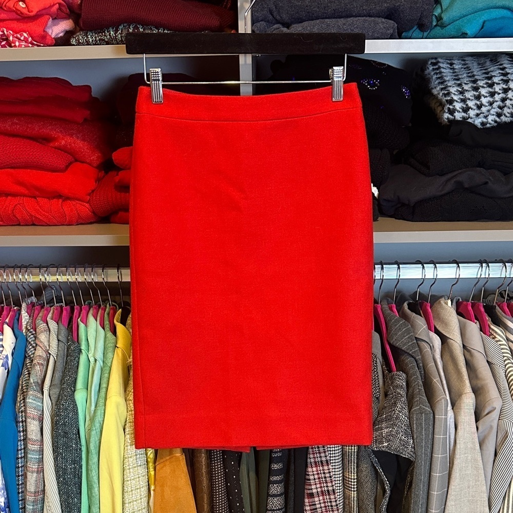 I Crew red 100% wool lined back slit/zipper closure pencil skirt size 00 NWT